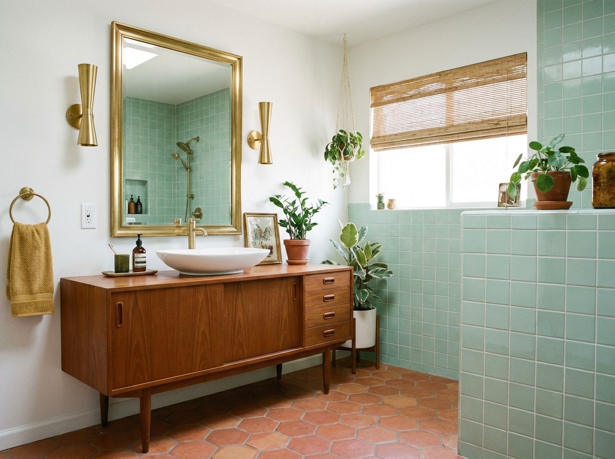 Mid-century modern kitchen with flat-panel walnut cabinetry, terrazzo countertops, and avocado green accents