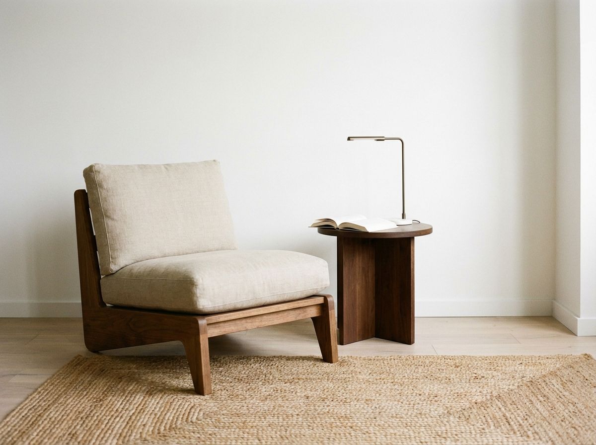 Japandi entryway with handmade wabi-sabi ceramics on a raw wood console table