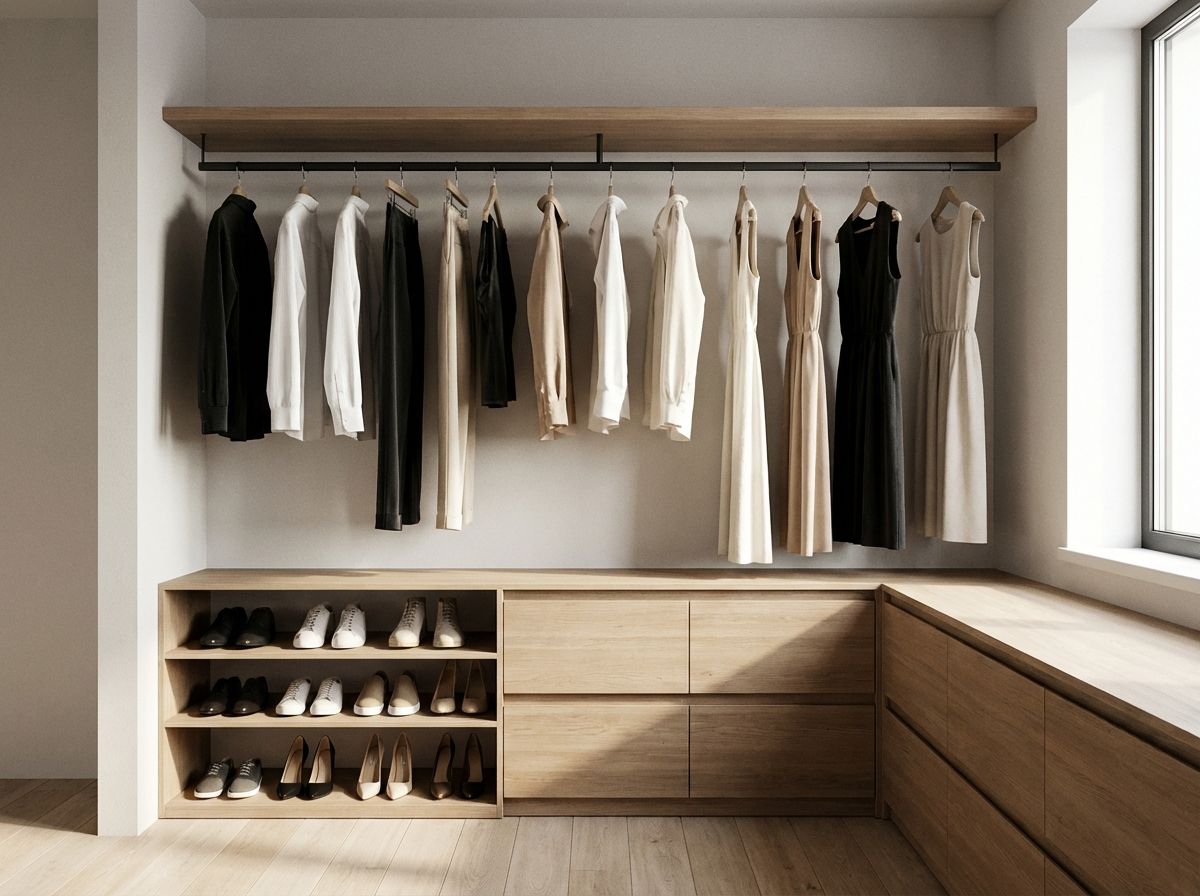 Minimalist bathroom with floating oak vanity, frameless mirror, and matte black fixtures