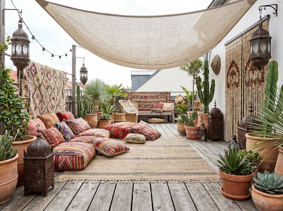 Bohemian kitchen with open wooden shelving and hanging dried herbs