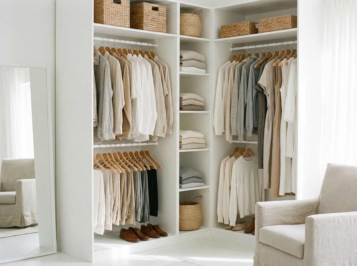 White bedroom with natural wood headboard and dried flowers