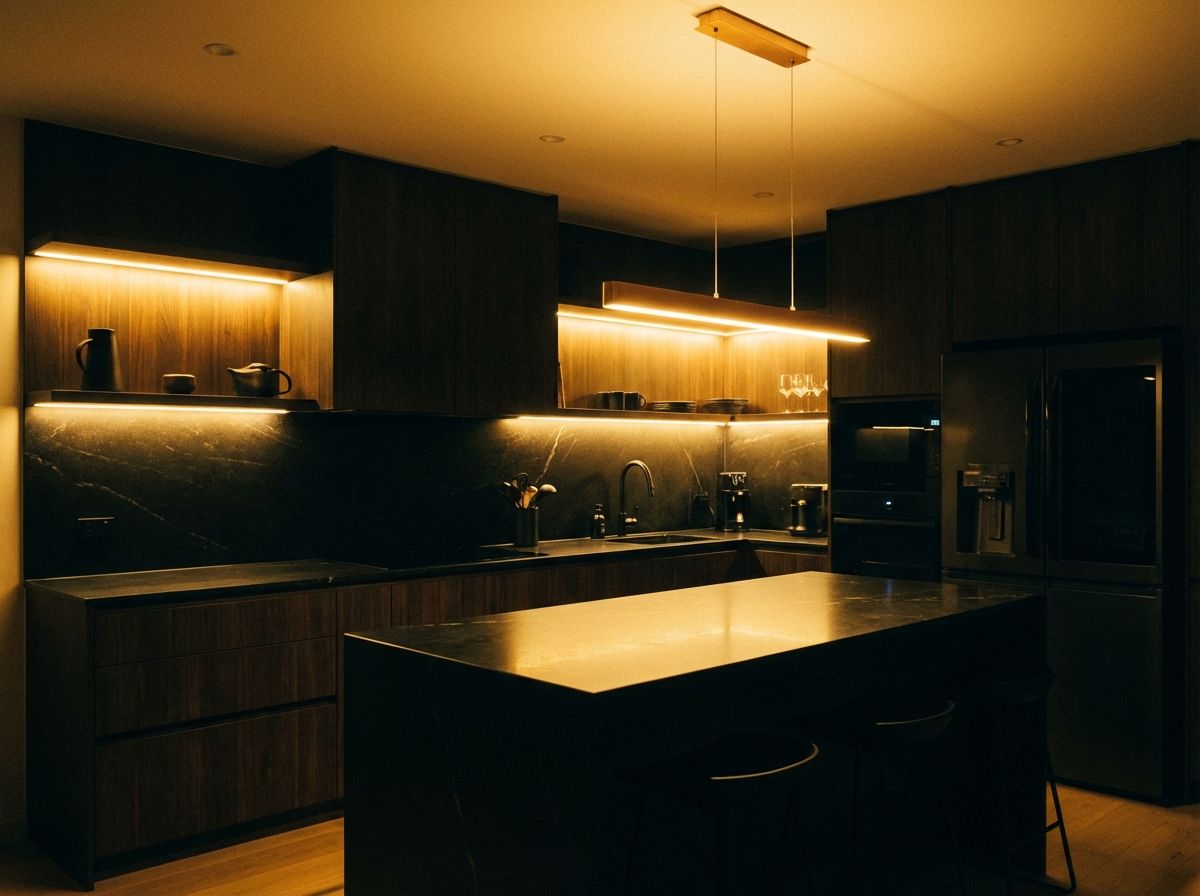 Small black kitchen design with reflective surfaces and LED lighting