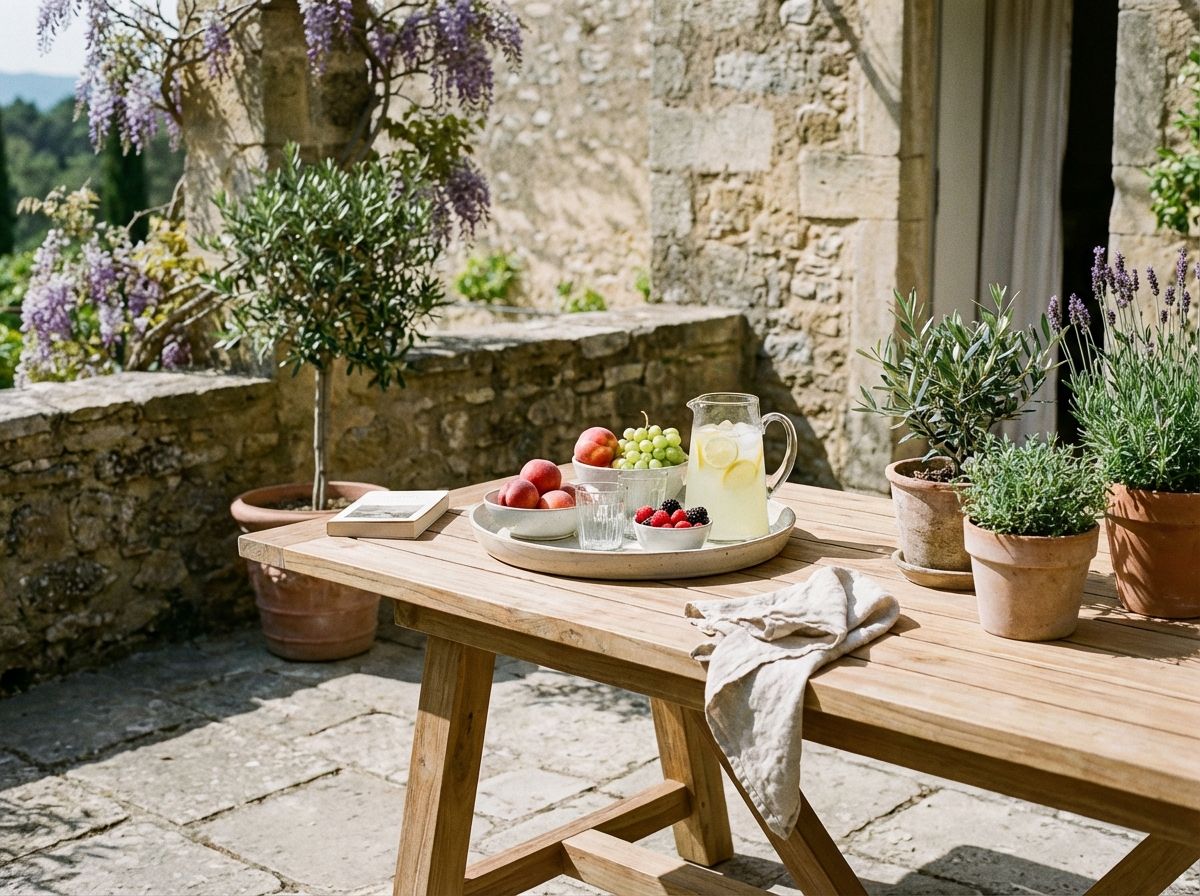 Small patio garden with bistro set and potted citrus trees