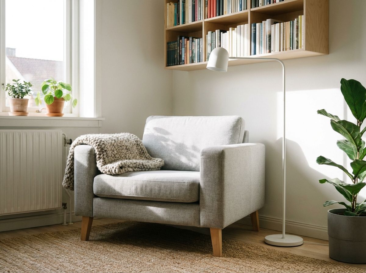 Scandinavian reading nook with sheepskin throw, warm table lamp, and stacked books
