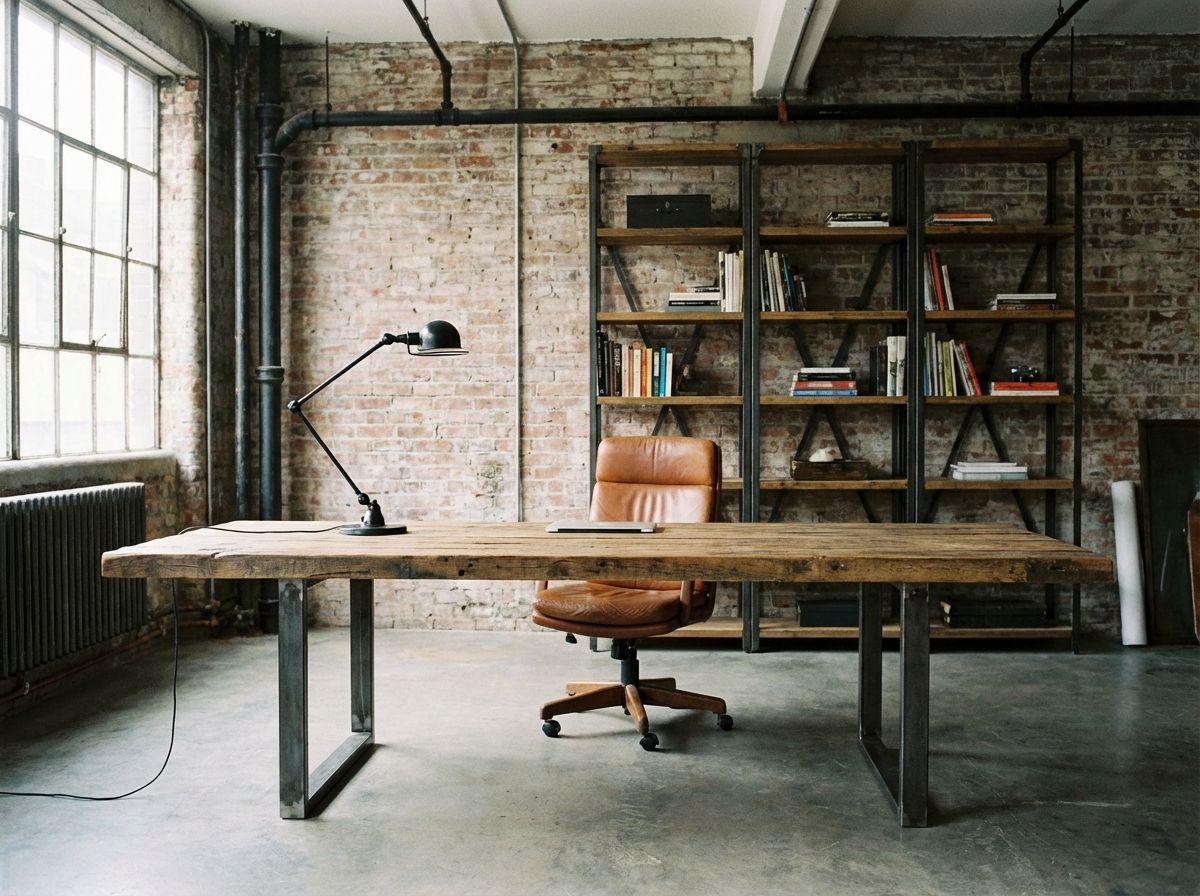 Industrial dining room with reclaimed wood factory table and mismatched metal chairs