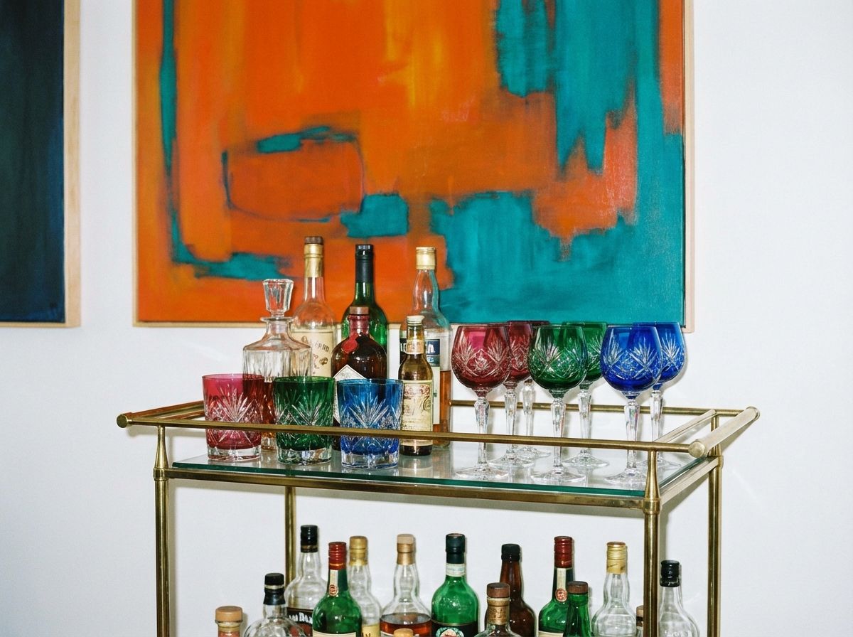 Mid-century modern bathroom with teak floating vanity, geometric mosaic tiles, and brass fixtures