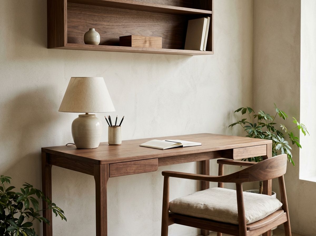 Japandi bathroom with natural stone basin, teak vanity, and matte black fixtures