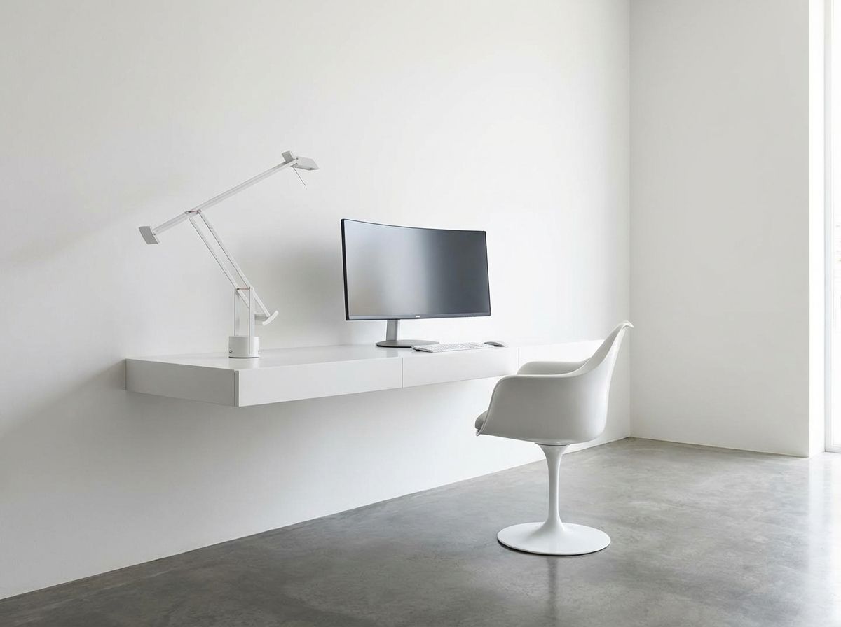 Minimalist entryway with oak bench, three wall hooks, and a single potted plant