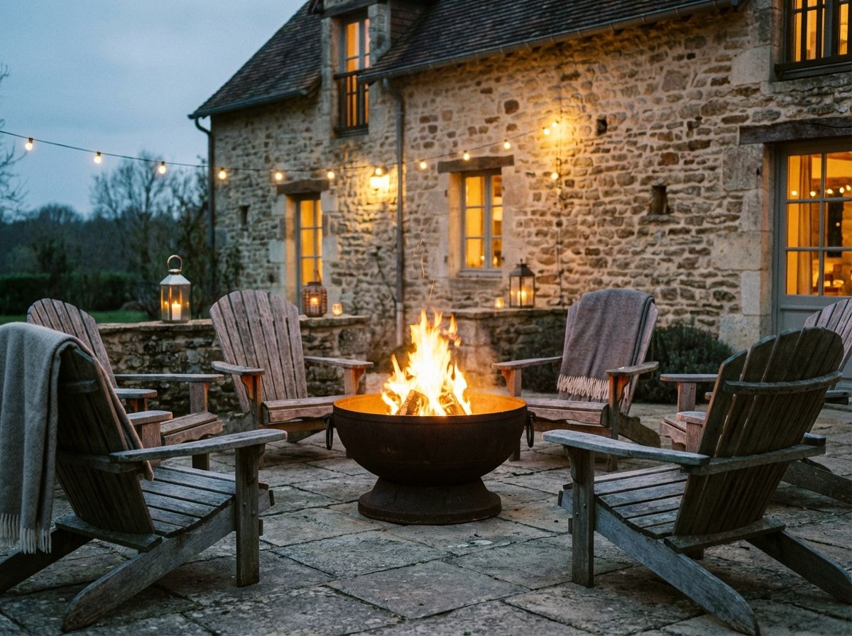 Patio garden at sunset with warm outdoor lighting and fire pit