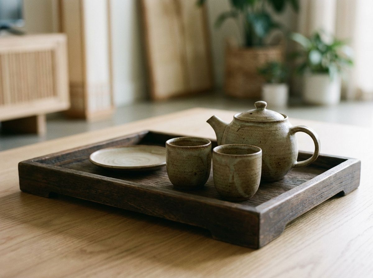 Japandi reading nook with linen floor cushions, warm pendant lamp, and dried branches in ceramic vase