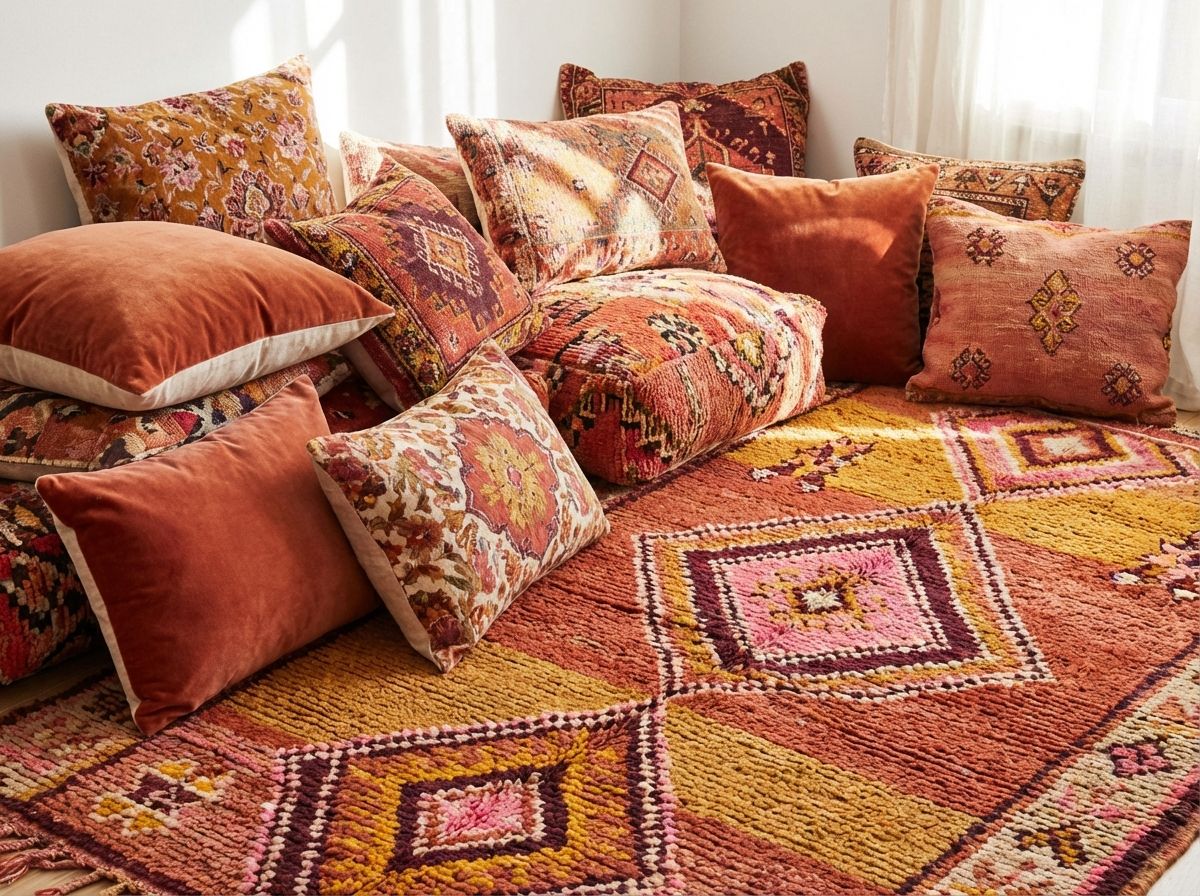 Bohemian entryway with woven jute rug and gallery wall of travel souvenirs