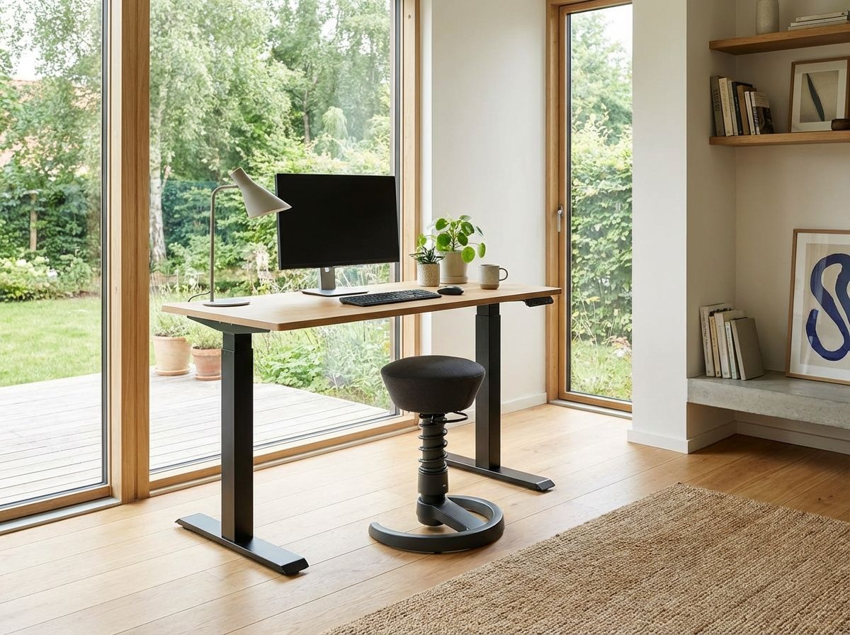 Masculine home office with floor-to-ceiling bookshelf and reading chair
