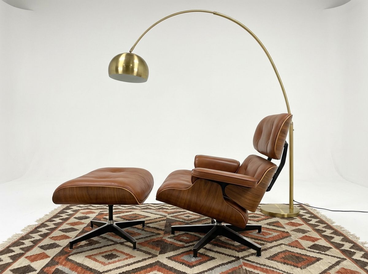 Mid-century modern home office with walnut writing desk, molded plywood chair, and brass desk lamp