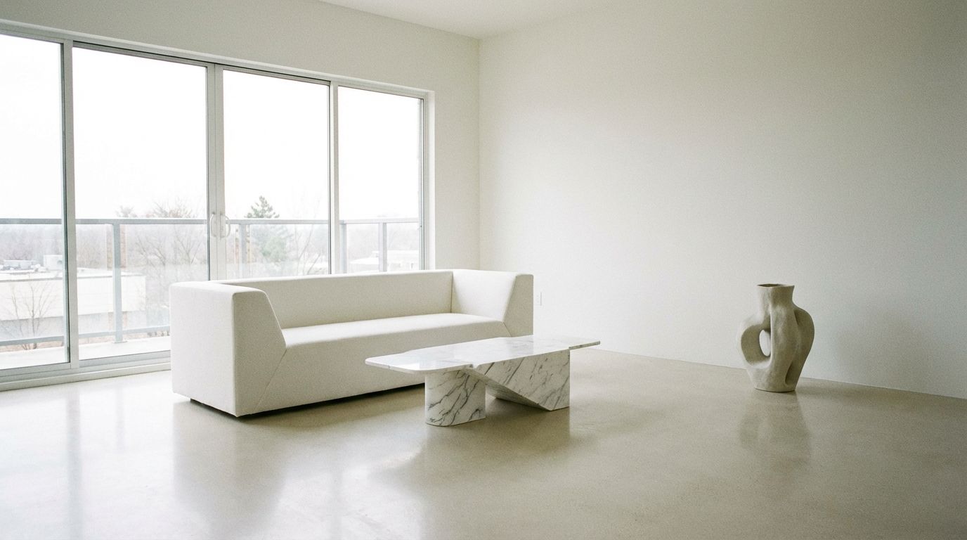 Minimalist living room with clean lines, natural light, and intentional furniture placement