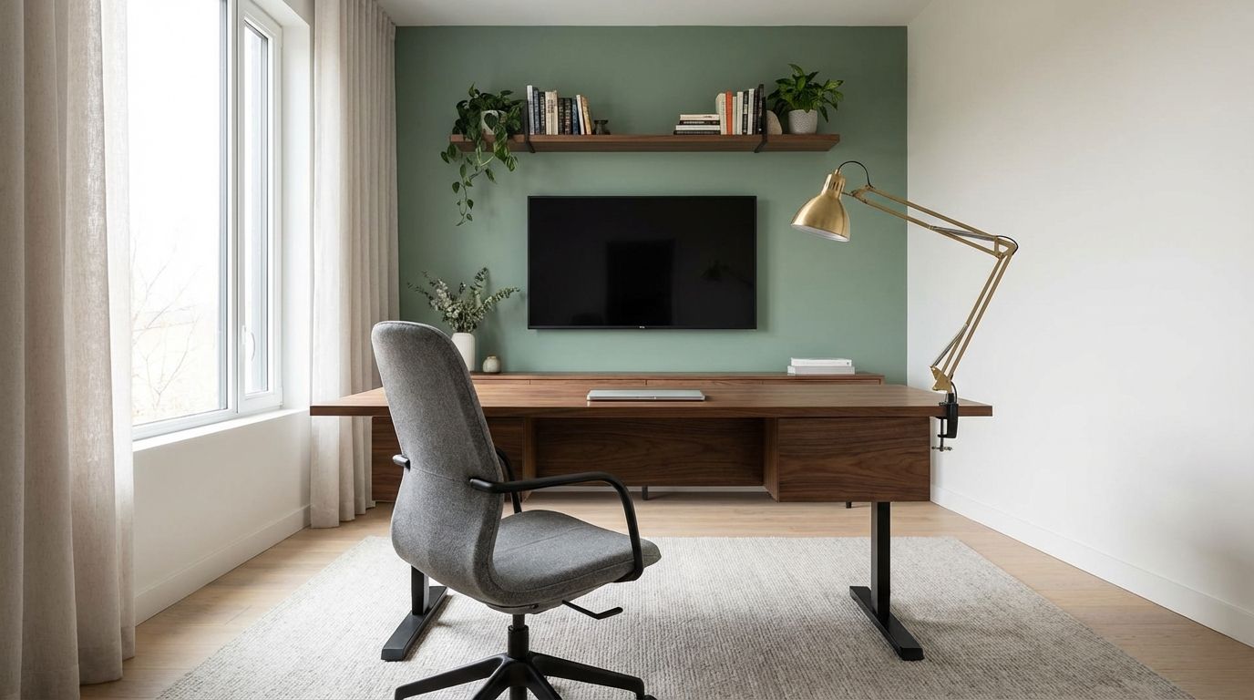 Stylish home office with wooden desk, brass lamp, and curated shelving