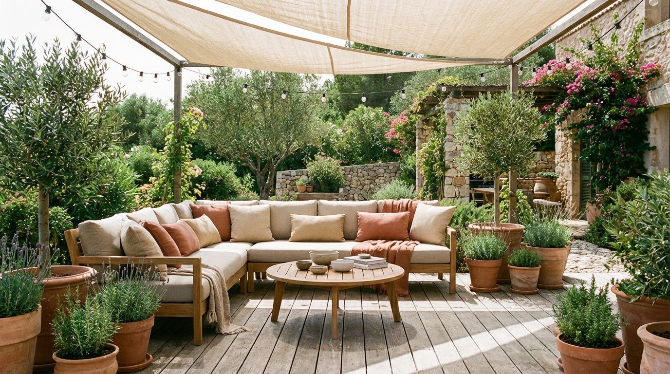 Beautifully designed terrace garden with dining area and lush greenery
