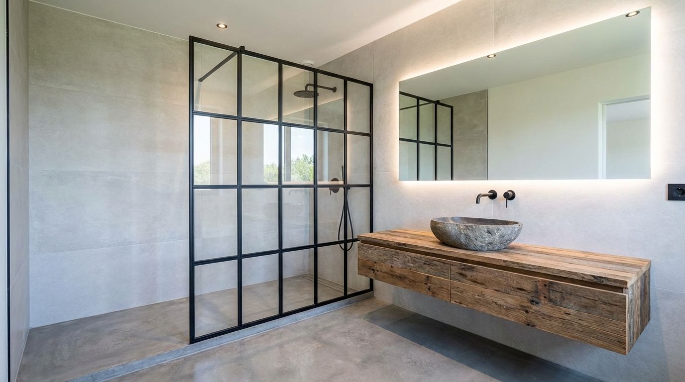 Modern bathroom with freestanding bathtub, frameless glass shower, and matte black fixtures