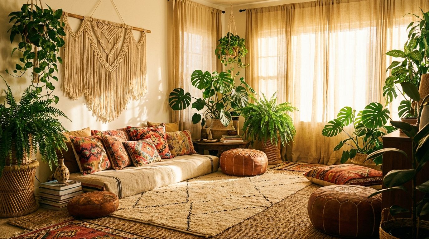 Bohemian living room with layered textiles, hanging plants, and warm terracotta tones