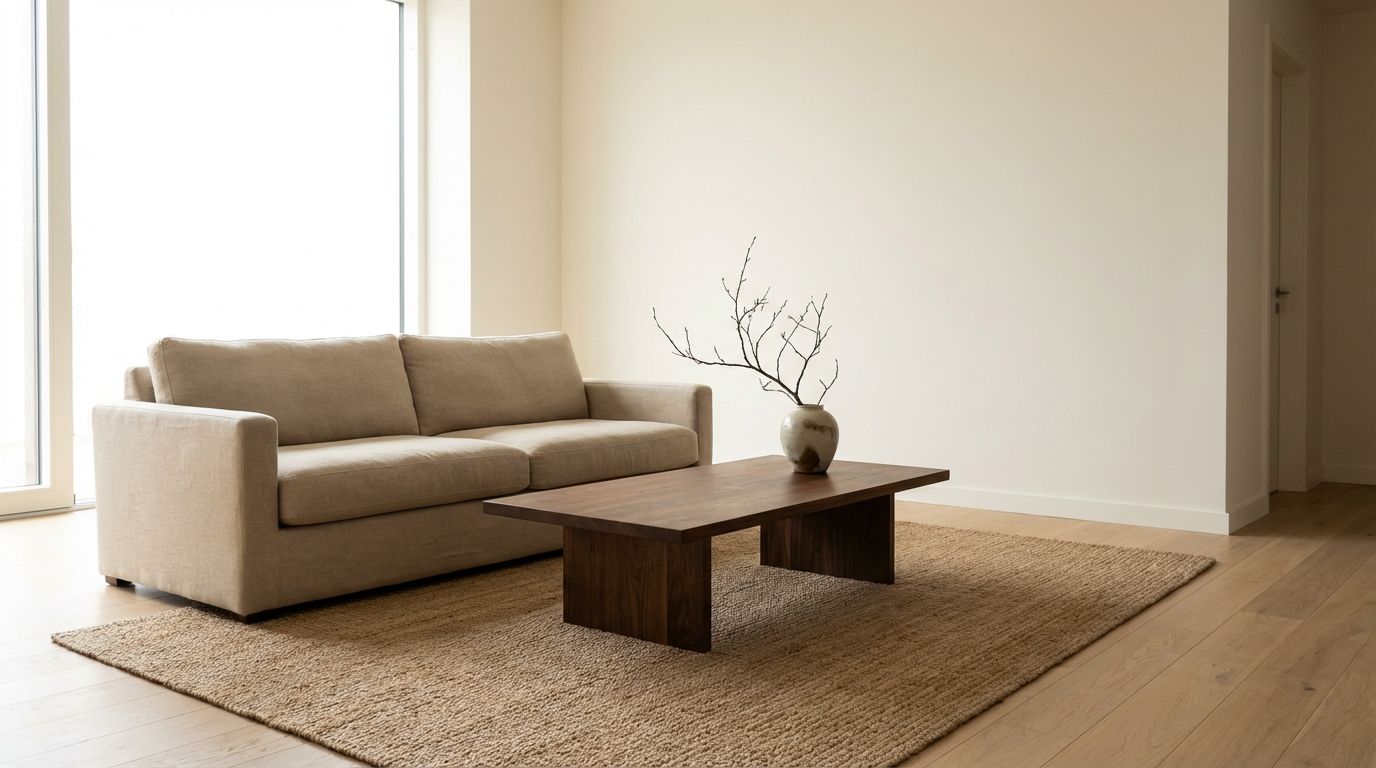 Japandi living room with walnut furniture, washed linen textiles, and soft natural light