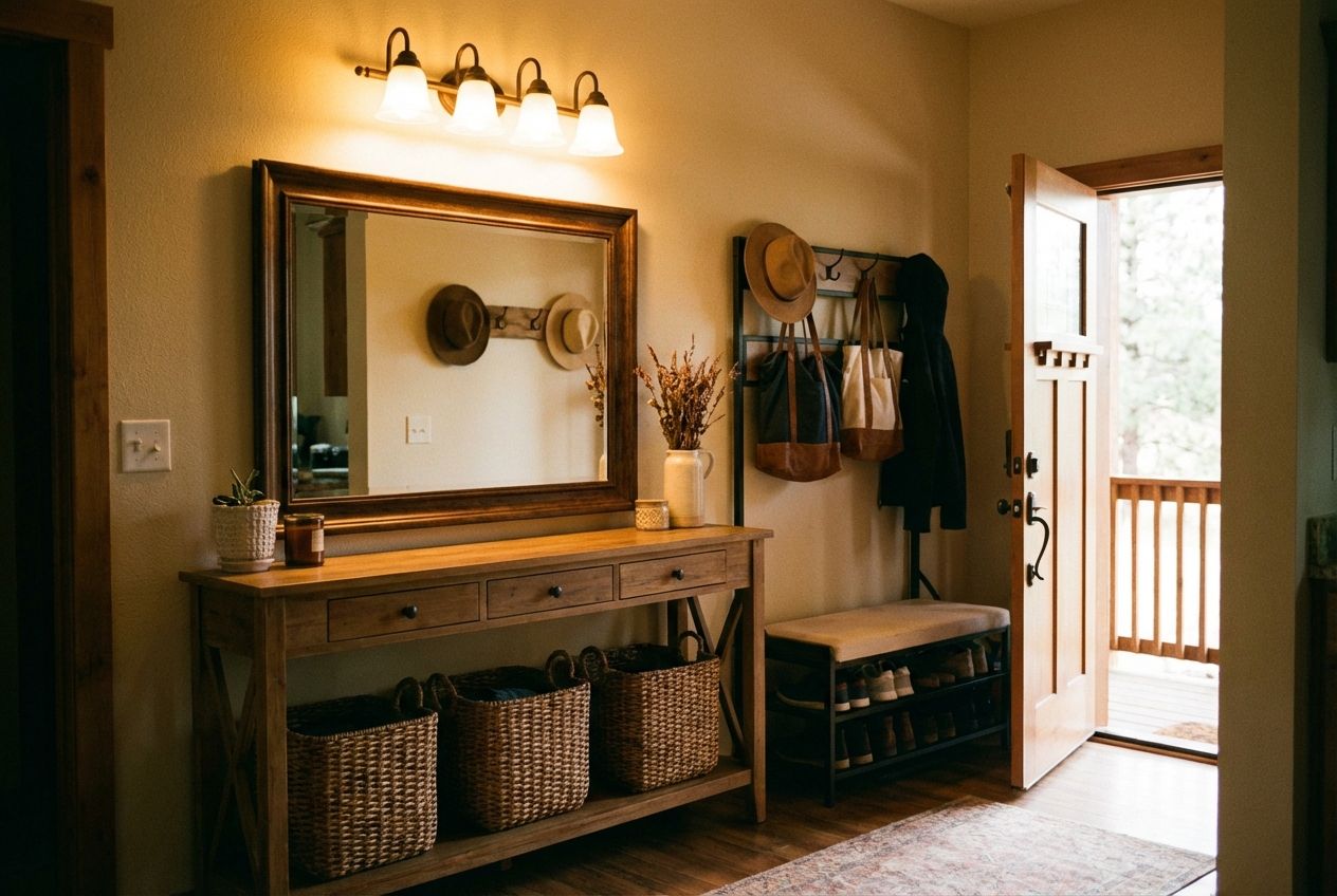 Organized entryway with hooks, console table, and mirror