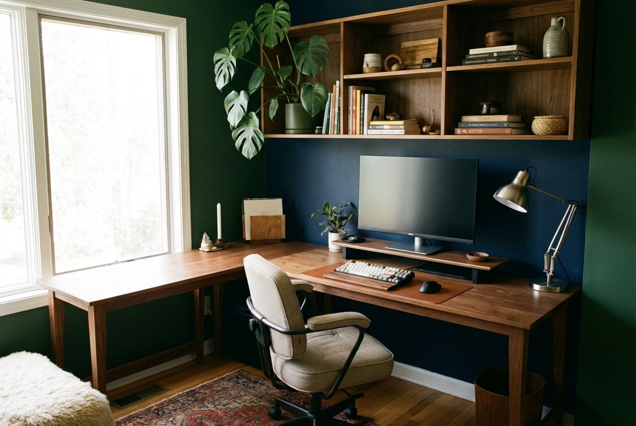 Bright home office with a window-facing desk and organized shelving