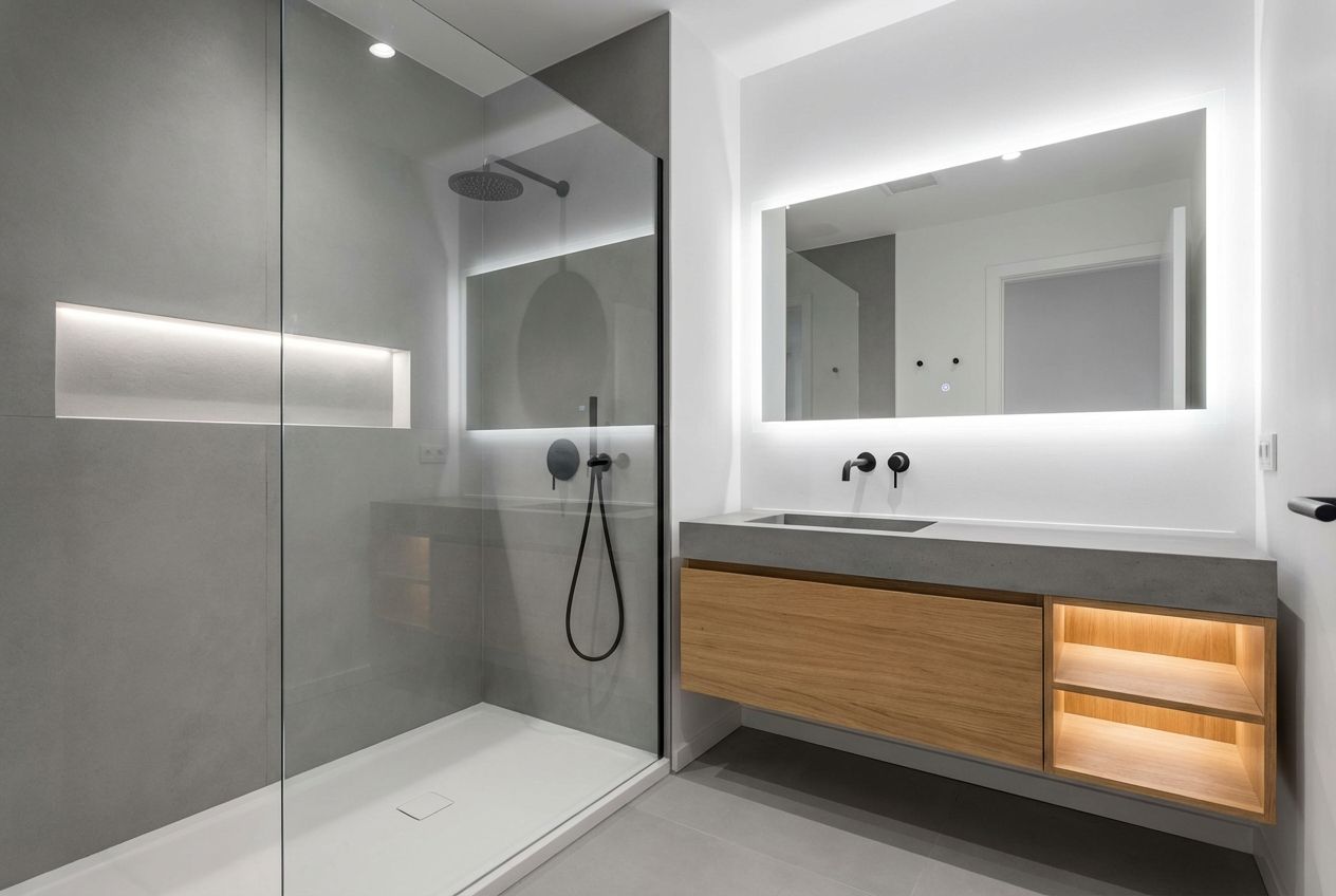 Modern bathroom interior with large-format tiles, floating vanity, and frameless shower