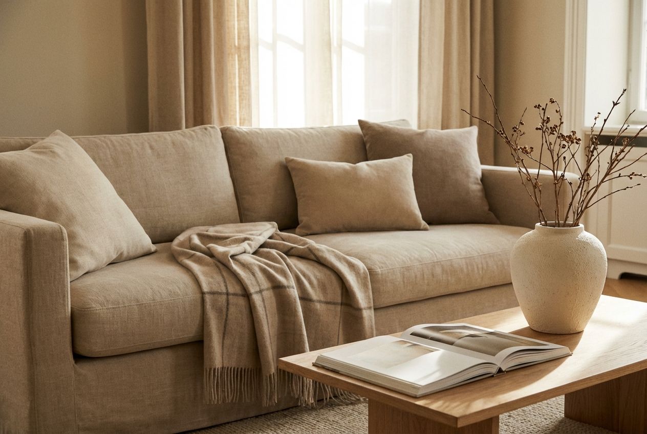 Sunlit beige living room showcasing layered neutral tones and natural textures