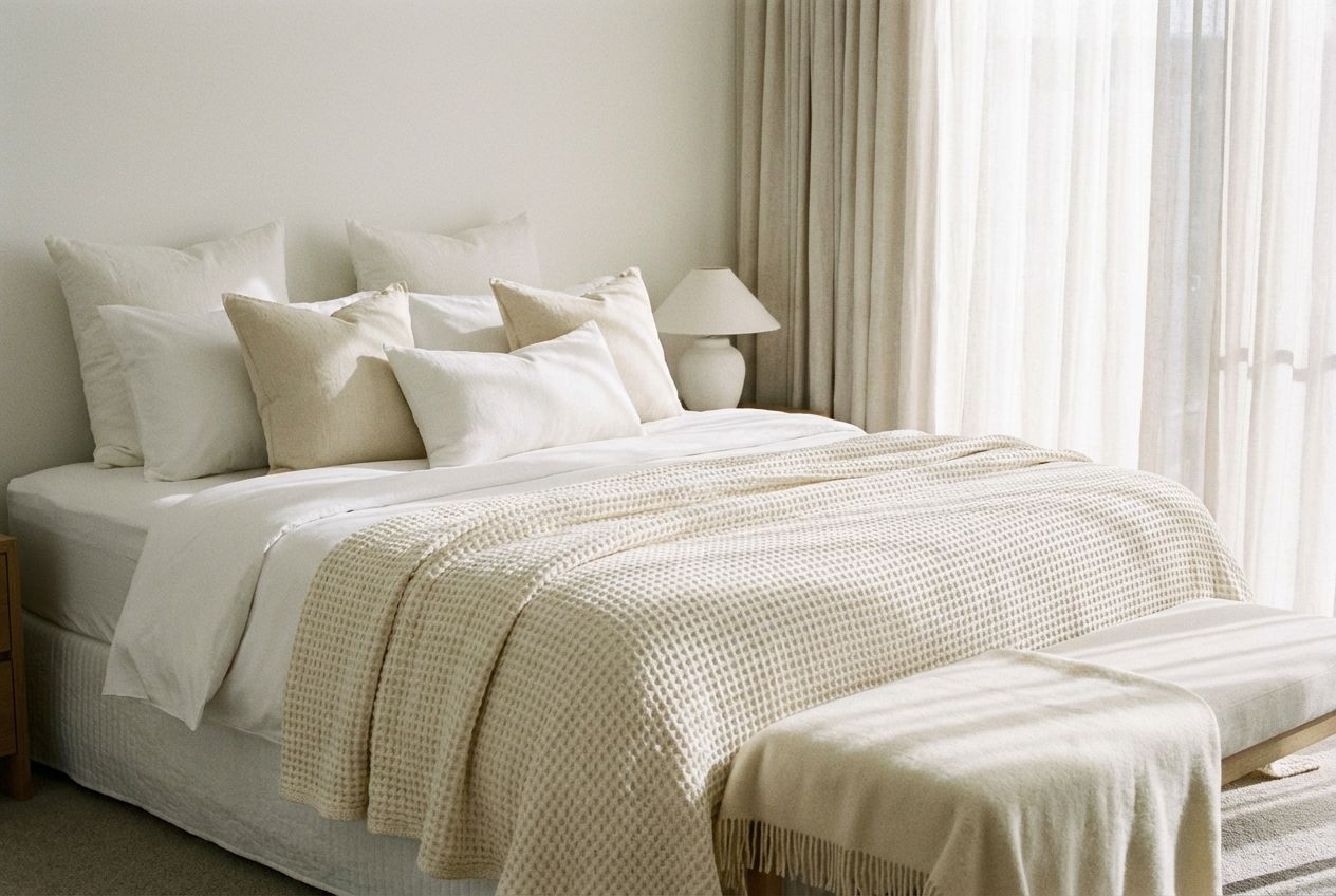 White bedroom with layered textures showing bouclé, linen, and natural wood