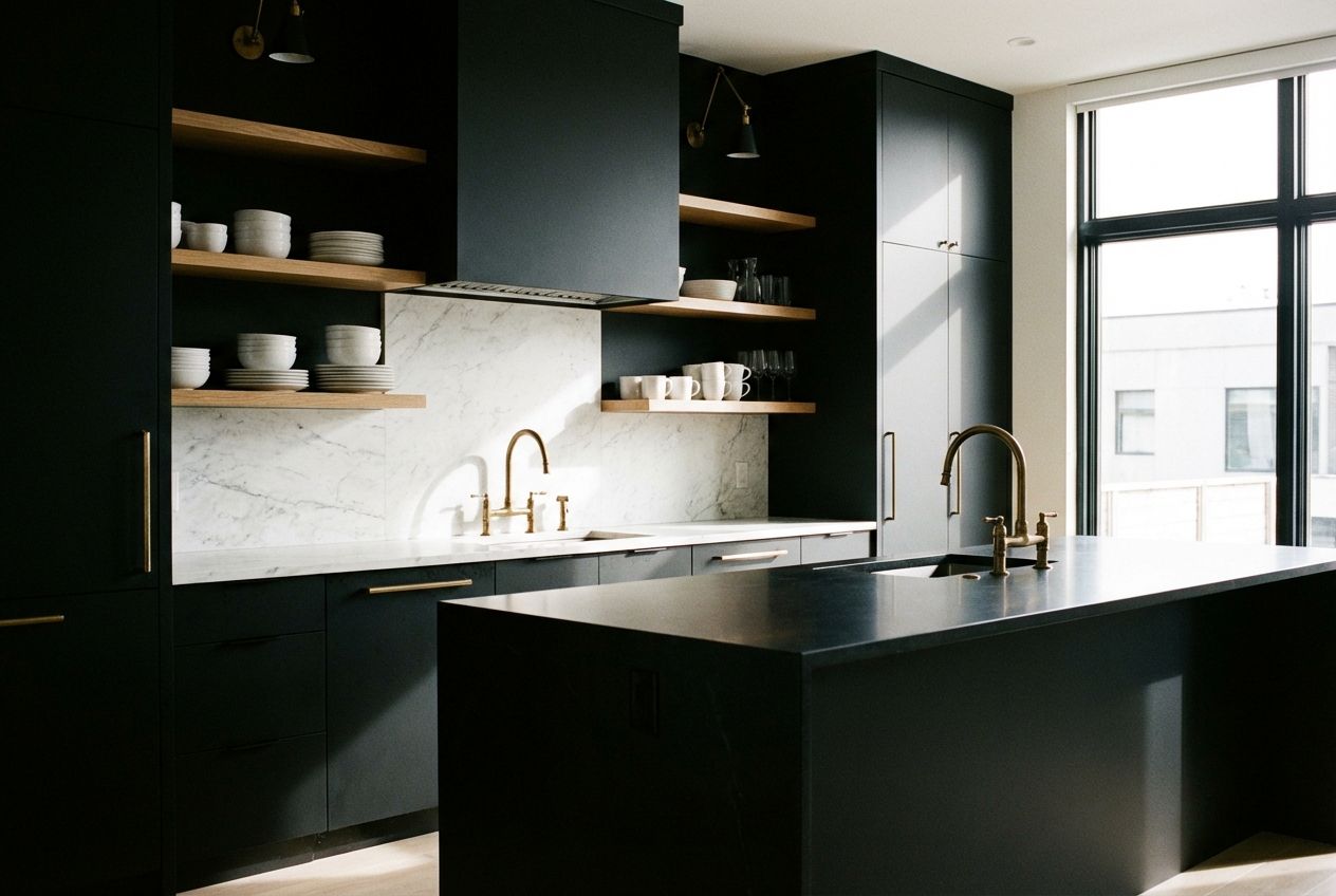 Matte black kitchen cabinets with light oak wood island and natural light