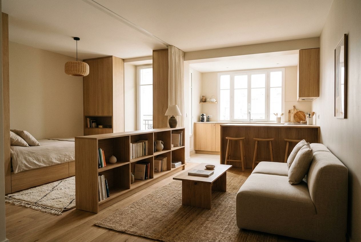 Well-organized studio apartment with warm textiles and defined living zones