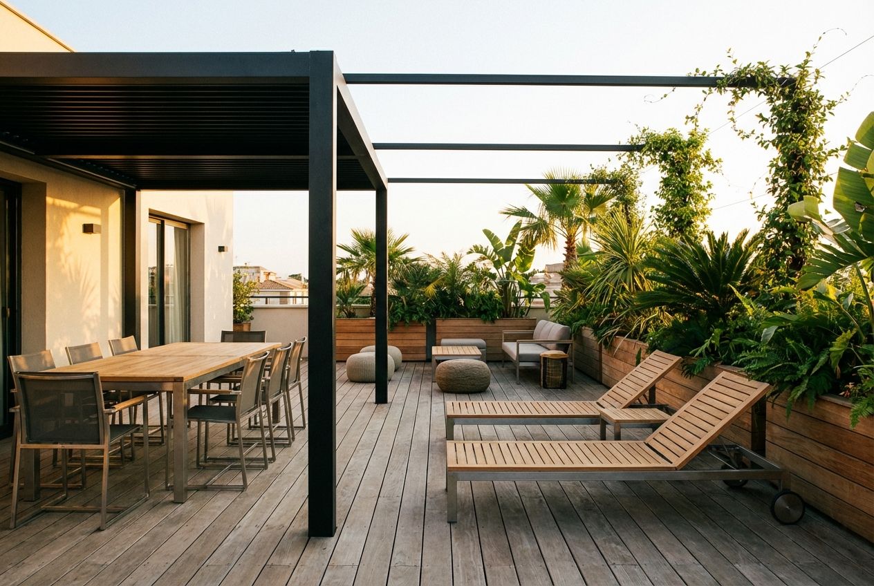 Lush terrace garden with outdoor dining furniture and abundant plants