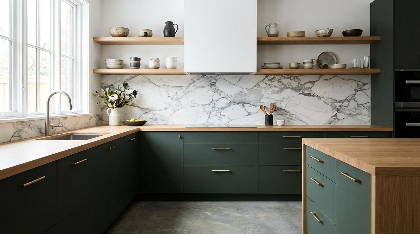 High-contrast kitchen with dark green matte cabinets, light oak countertop, and white marble backsplash