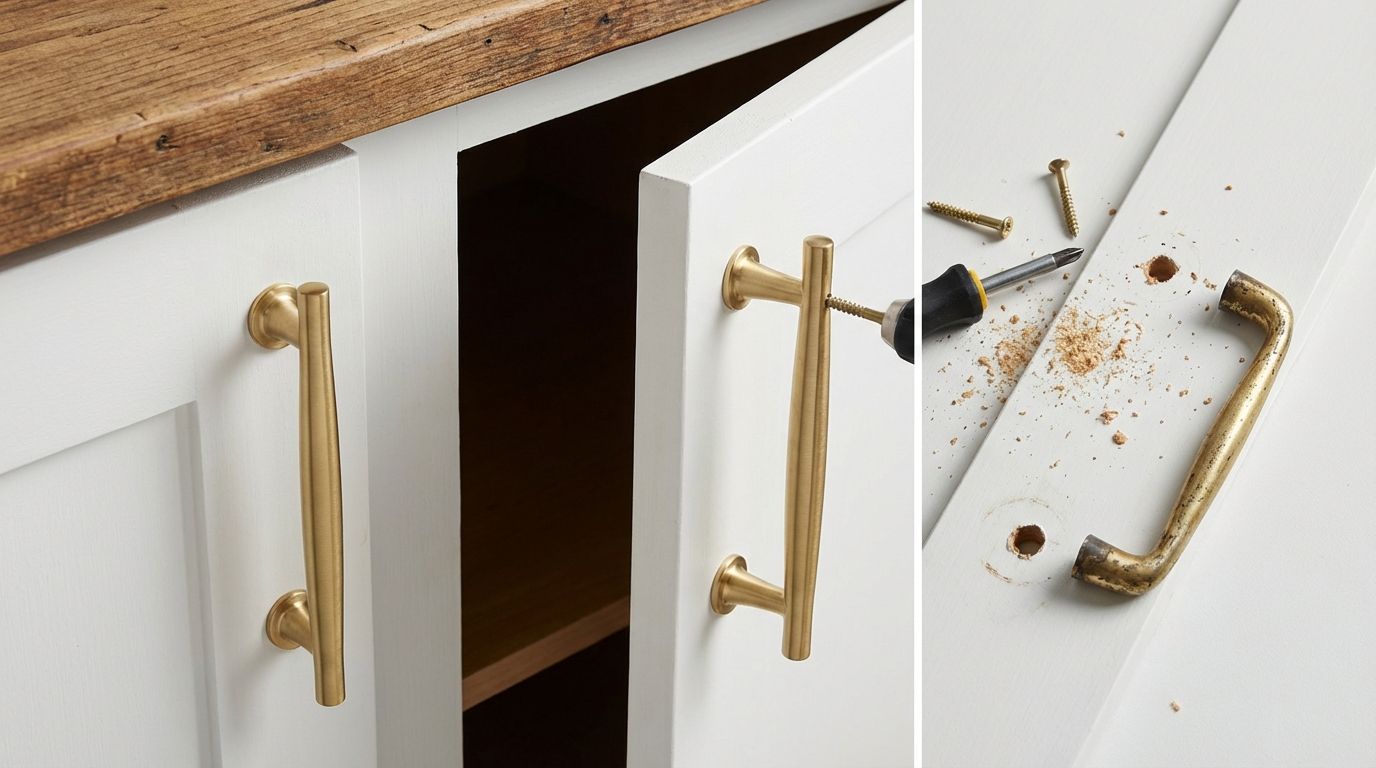 Close-up of kitchen cabinets with new brushed brass handles replacing basic ones