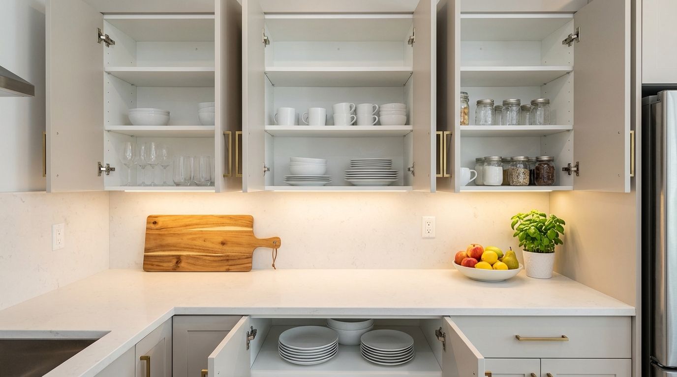 Staged kitchen with clear countertops, modern hardware, and organized cabinets