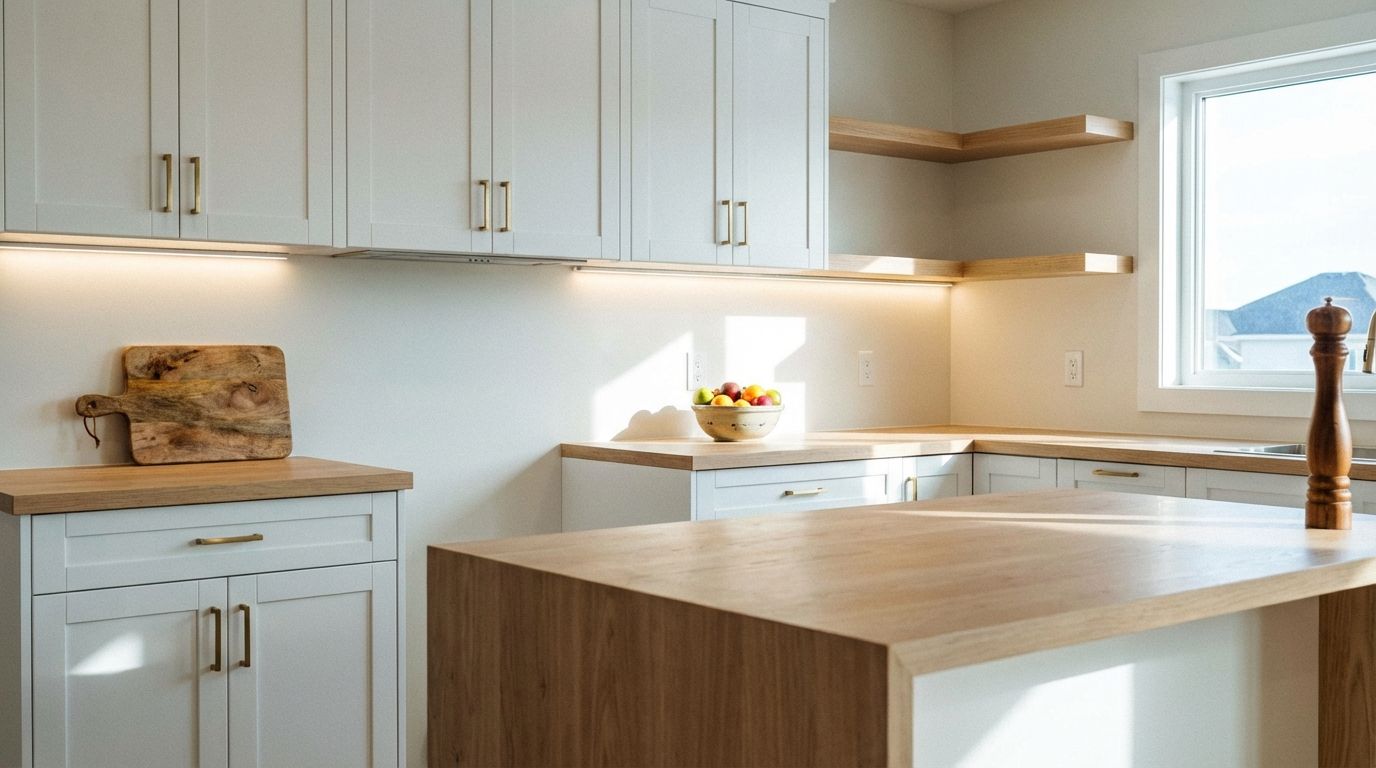 Staged kitchen with cleared countertops, new brass hardware, LED under-cabinet lighting