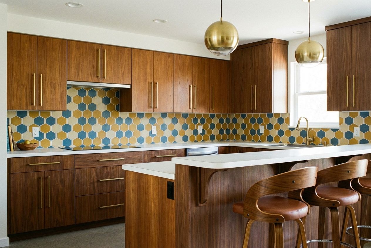 Mid-century modern kitchen with walnut flat-panel cabinets, terrazzo countertops, and geometric backsplash
