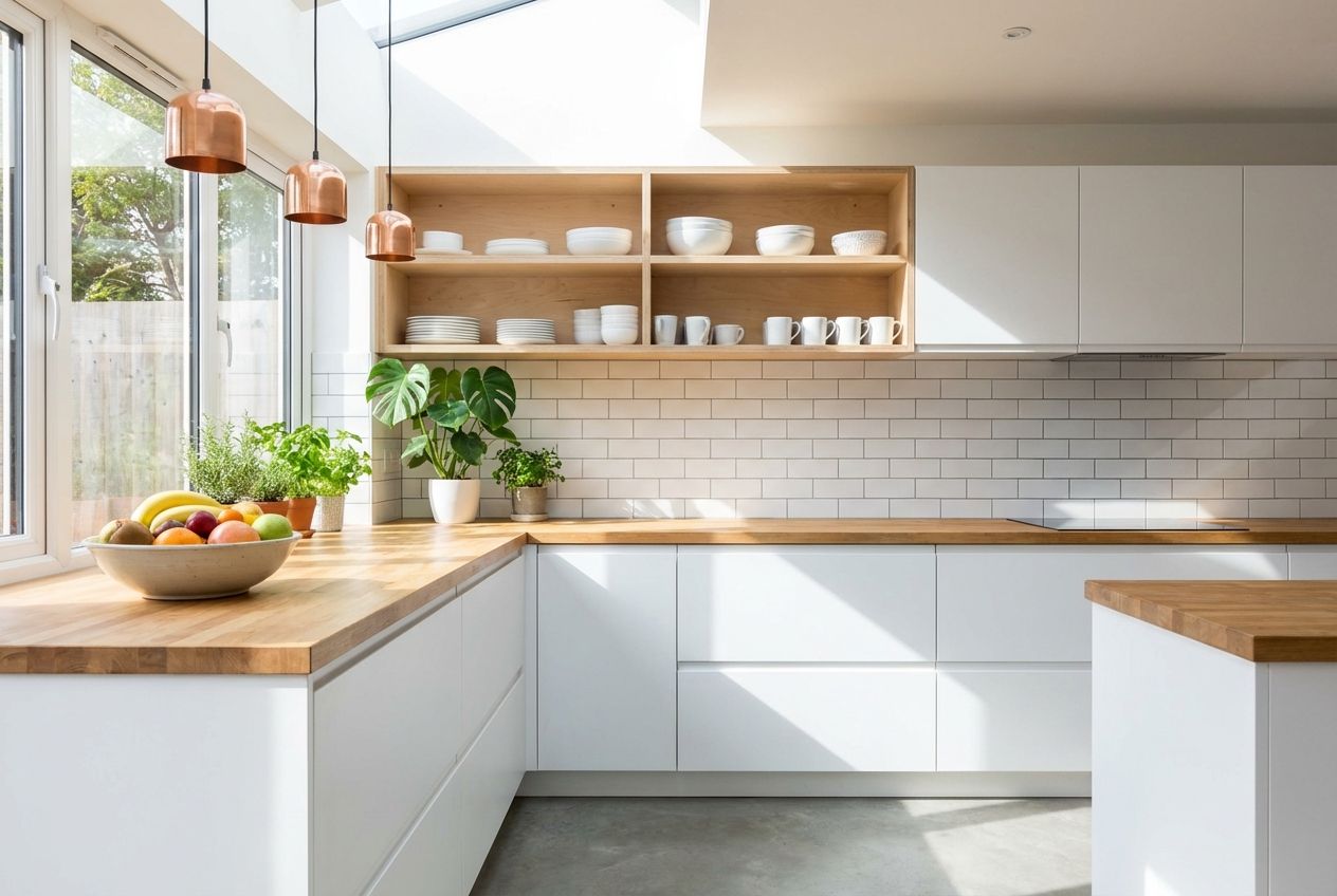 Scandinavian kitchen with white cabinetry, butcher-block counters, open shelving with stoneware, and pendant light