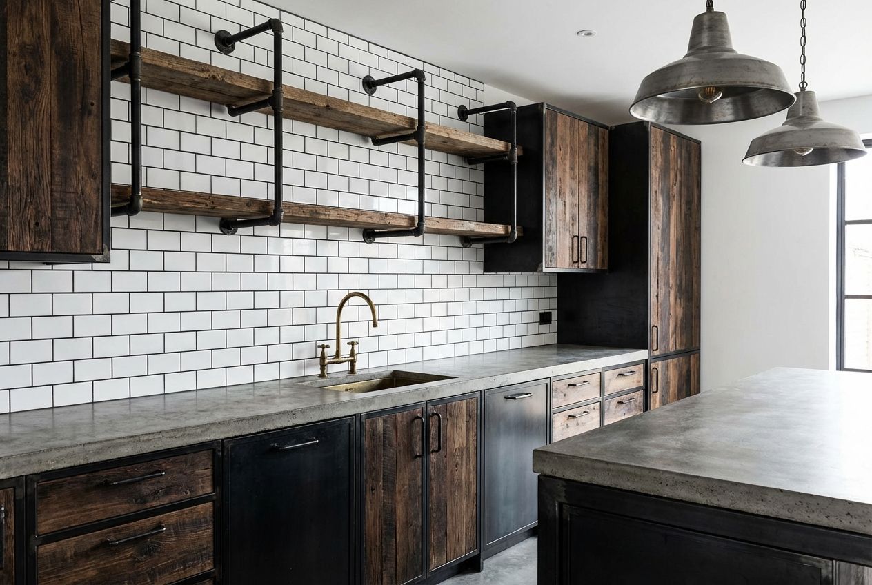 Industrial kitchen with stainless steel counters, open metal shelving, subway tile backsplash, and butcher-block island