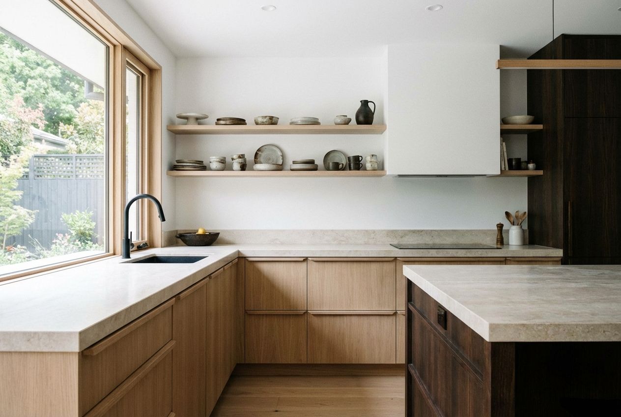 Japandi cuisine with matte oak cabinets, stone countertops, open shelving, and handmade ceramic bowls