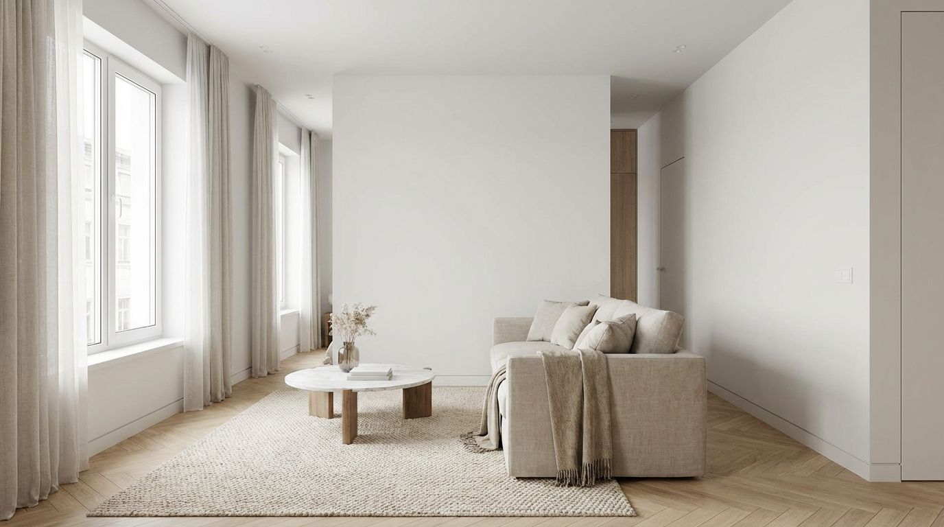 Small rectangular living room with sofa placed perpendicular to divide the space into two zones