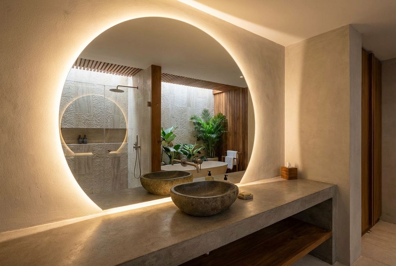 Modern bathroom lighting design with backlit mirror and LED vanity strip