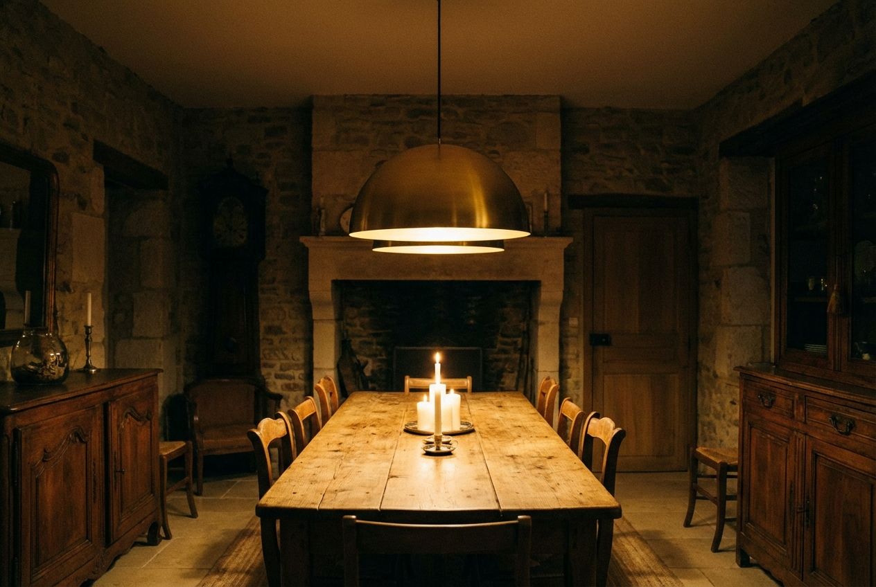 Brass pendant lights hanging over a styled dining table at evening