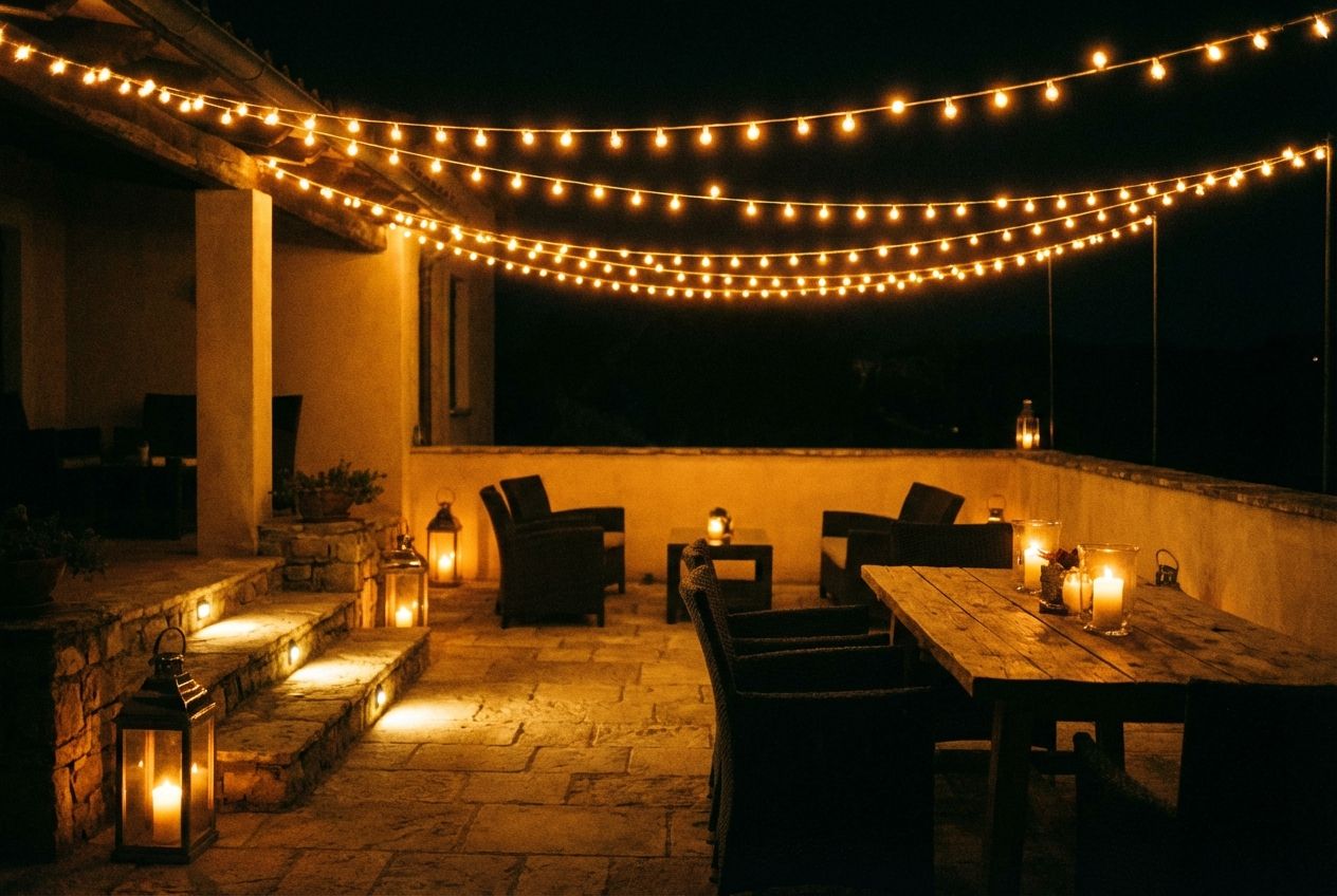 Terrace at sunset with layered outdoor lighting, string lights, and lanterns