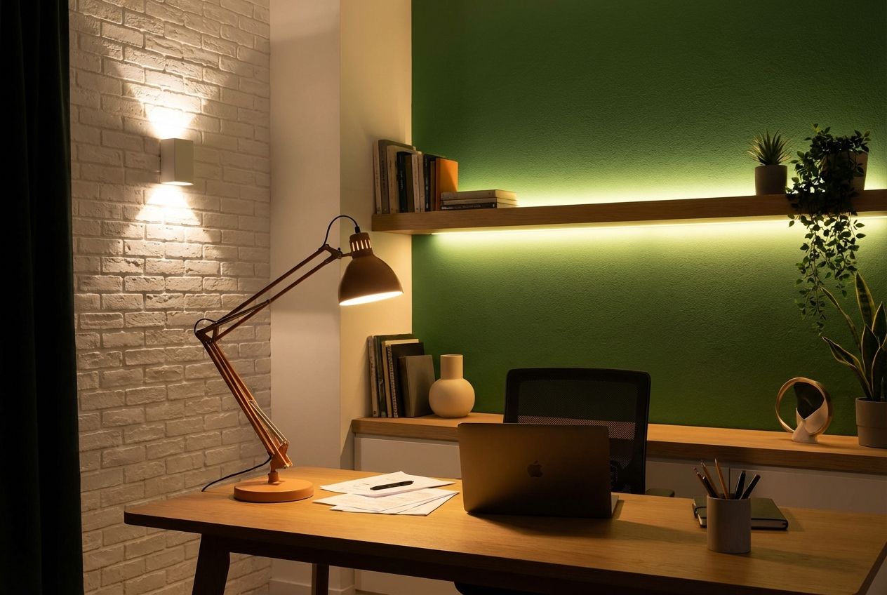 Home office with layered lighting — desk lamp, overhead fixture, and shelf accent