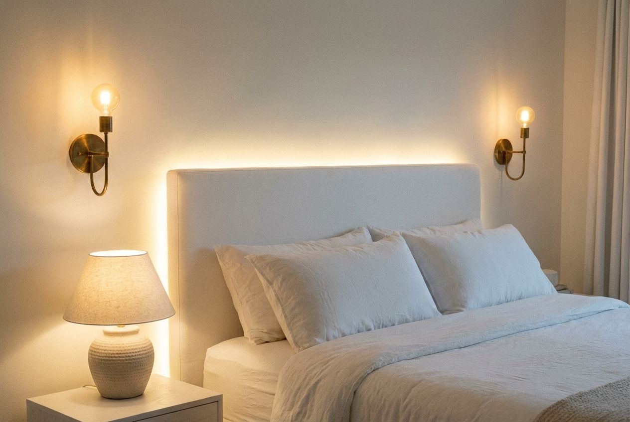 White bedroom at golden hour with warm bedside lamps and sheer curtain light