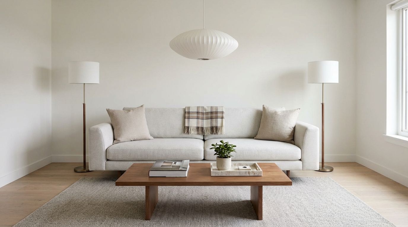 Staged living room with floating furniture arrangement, neutral pillows, and layered lighting