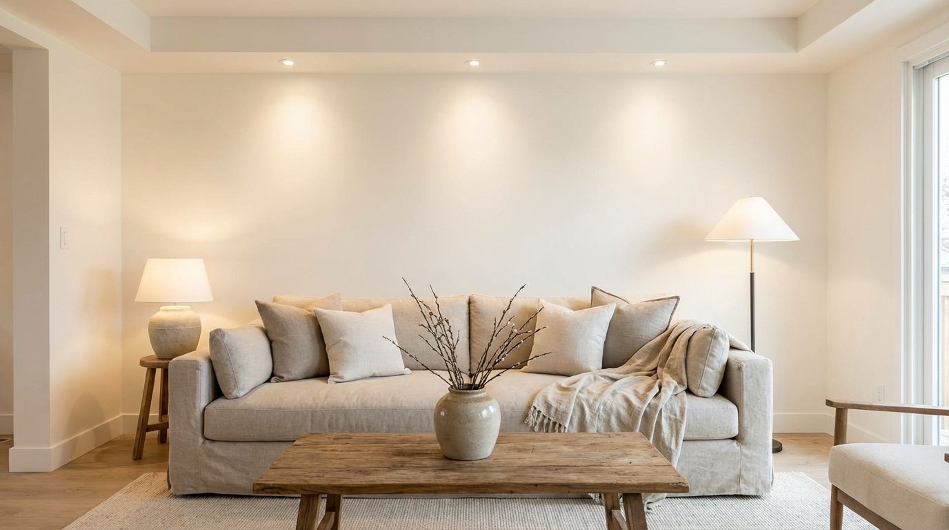Staged living room with decluttered surfaces, neutral cushions, layered lighting, and warm white walls