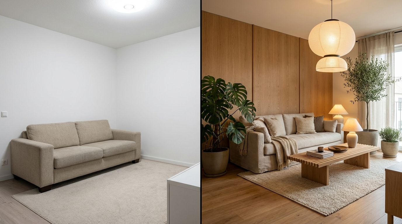 Before and after AI transformation of a living room from plain beige to modern japandi style