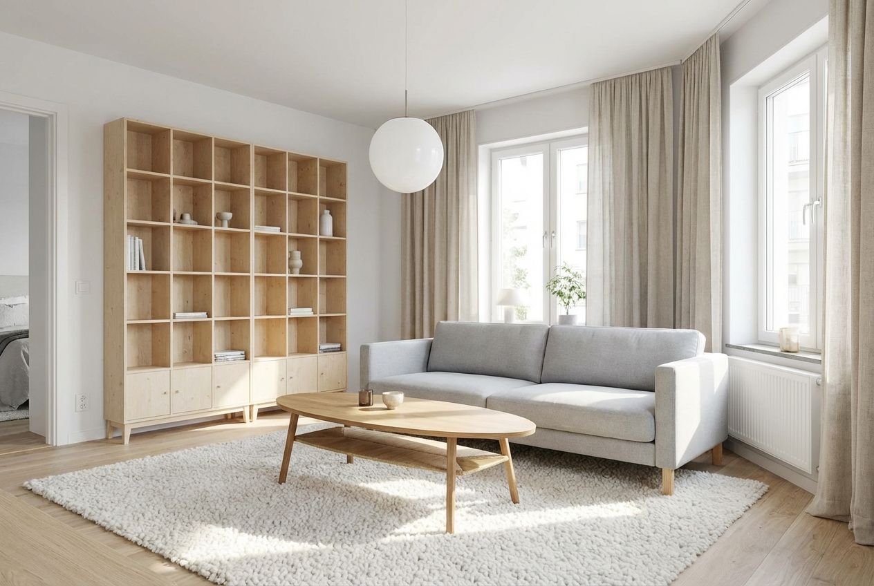 Scandinavian living room with white linen sofa, oak coffee table, sheepskin accents, and layered warm lighting