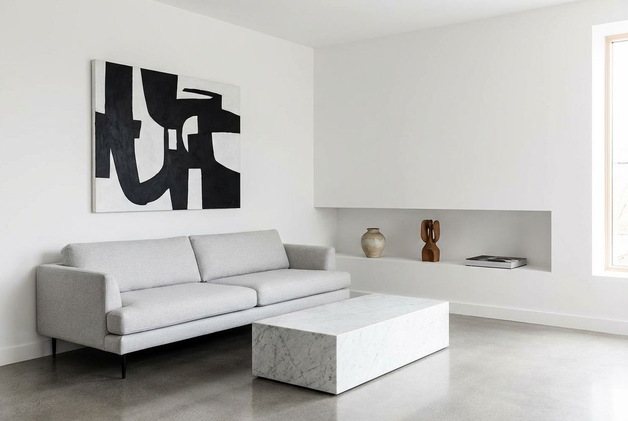 Minimalist salon with low linen sofa, oak coffee table, single floor lamp, and bare white walls